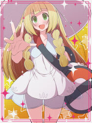 blonde_hair braid dress fujiwara_hiro_(kaede_ciao) green_eyes hat highres lillie_(pokemon) nintendo pokemon pokemon_sm twin_braids white_dress white_hat