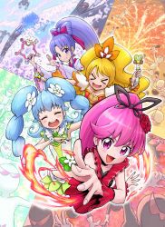 &gt;_&lt; 4girls :d aino_megumi blonde_hair blue_hair bow bow-shaped_hair brooch cherry_blossoms choiark choker closed_eyes closed_mouth cure_fortune cure_fortune_(anmitsu_komachi) cure_honey cure_honey_(coconut_samba) cure_lovely cure_lovely_(cherry_flamenco) cure_princess cure_princess_(macadamia_hula_dance) dancing detached_sleeves fire flipped_hair flower fortune_tambourine green_bow hair_bow hair_flower hair_ornament happinesscharge_precure! happy heart heart_brooch high_ponytail highres hikawa_iona holding holding_wand itou_shin&#039;ichi japanese_clothes jewelry kimono long_hair looking_at_viewer magical_girl mountain multiple_girls oomori_yuuko open_mouth pink_bow pink_eyes pink_hair ponytail precure purple_eyes purple_hair red_flower red_rose red_sleeves rose shirayuki_hime smile twintails waist_bow wand white_kimono xd