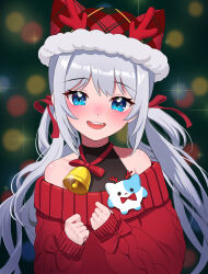 1girl absurdres animal_ears bell blue_eyes blurry blush bokeh cat_ears christmas commentary depth_of_field fang fur-trimmed_headwear fur_trim gosegu hair_ribbon hair_rings highres long_hair long_sleeves looking_at_viewer low_twintails neck_bell off-shoulder_sweater off_shoulder open_mouth plaid_clothes plaid_headwear prock ribbon shirt sleeveless sleeveless_shirt sleeves_past_wrists smile solo sparkle sweater twintails upper_body virtual_youtuber waktaverse white_hair