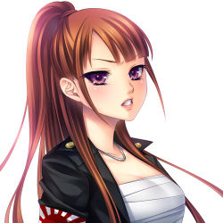 Rule 34 | 1girl, banchou, blush, breasts, cleavage, coat, delinquent, female focus, jewelry, large breasts, long hair, lowres, makeup, momoi komomo, necklace, open mouth, original, ponytail, purple eyes, red hair, sarashi, solo