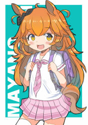 Rule 34 | 1girl, animal ears, backpack, bag, bow, hair bow, highres, horse girl, long hair, looking at viewer, mayano top gun (umamusume), monomono, open mouth, orange hair, pink skirt, purple bag, randoseru, school uniform, serafuku, skirt, solo, tail, umamusume