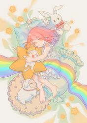 1girl =_= absurdres aged_down ahoge animal bare_arms bare_legs bare_shoulders barefoot bed blanket blunt_bangs cat child cloak closed_eyes clothed_animal cookie counting_sheep dot_nose dress drooling ear_covers expressionless eyelashes feet food food-themed_pillow food_print frilled_dress frills fruit_print hair_spread_out happy heart heart_in_mouth highres hood hood_up hooded_cloak knees light_blush littlegrandpar long_hair lying medium_dress momo_(nikki) navel nightgown nikki_(nikki) nikki_(series) on_pillow on_side open_mouth parted_lips pink_hair rainbow shining_nikki sleeping sleeveless sleeveless_dress smile star-shaped_pillow star_(symbol) strawberry_print stuffed_animal stuffed_rabbit stuffed_sheep stuffed_toy toes whiskers white_cat white_dress yellow_cloak young_nikki_(shining_nikki)