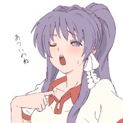 Rule 34 | 1girl, blush, bow, breasts, clannad, collarbone, fujibayashi kyou, gym uniform, hair bow, highres, long hair, one eye closed, open mouth, ponytail, purple eyes, purple hair, shirt, sidelocks, simple background, solo, sweatdrop, t-shirt, teeth, upper body, upper teeth only, waka 849, white background, white shirt