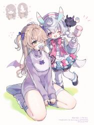 2girls absurdres alternate_costume bat_wings bib blonde_hair character_request commentary eyepatch fischl_(genshin_impact) genshin_impact hair_ribbon highres holding holding_rattle long_hair long_sleeves medical_eyepatch multiple_girls nervous_sweating one_eye_closed open_mouth oz_(genshin_impact) pacifier poponnu purple_ribbon purple_sweater rattle ribbon seiza sigewinne_(genshin_impact) sitting smile sweat sweater symbol-only_commentary watermark wings