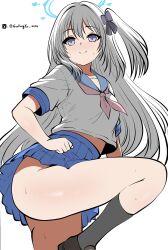 Rule 34 | 1girl, adapted costume, ass, backlighting, black socks, blue archive, blue halo, blue sailor collar, blue skirt, bow, clenched hand, closed mouth, commentary, ding36, eyelashes, hair between eyes, hair bow, halo, hand on own hip, highres, kneehighs, long hair, looking at viewer, midriff peek, miniskirt, miyako (blue archive), neckerchief, no panties, one side up, pink neckerchief, pleated skirt, purple bow, purple eyes, sailor collar, school uniform, serafuku, shirt, short sleeves, simple background, skirt, smile, socks, solo, split mouth, standing, standing on one leg, straight hair, sweat, sweatdrop, thighs, twitter username, very long hair, white background, white shirt