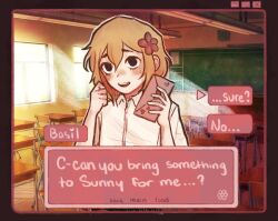 Rule 34 | 1boy, alternate eye color, basil (faraway) (omori), basil (omori), black eyes, blonde hair, blush, chair, classroom, collared shirt, desk, english text, envelope, flower, hair flower, hair ornament, highres, holding, holding envelope, male focus, omori, open mouth, ottie pops, school chair, school desk, shirt, short hair, short sleeves, smile, solo, teeth, upper teeth only, white shirt
