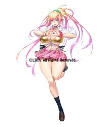 1girl aoi_nagisa_(metalder) bikini bikini_under_clothes blonde_hair breasts curvy daidouji_nami gold_bikini heart heart_hands highleg highleg_bikini huge_breasts lilith-soft long_hair multicolored_bikini open_clothes open_shirt swimsuit taimanin_(series) taimanin_rpgx two-tone_bikini white_background wide_hips