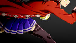 Rule 34 | 1girl, black background, black thighhighs, blue skirt, brown hair, coat, domino mask, el condor pasa (umamusume), from side, highres, kitsutsuki (dzgu4744), leather strap, mask, open mouth, pleated skirt, red coat, running, shirt, simple background, skirt, solo, textless version, thighhighs, umamusume, yellow shirt