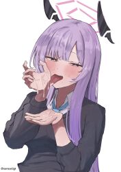 Rule 34 | 1girl, absurdres, black sweater, blue archive, blue necktie, blush, collared shirt, commentary request, cum, cum in mouth, cum on body, cum on hands, cum on tongue, earosoligt, floating headgear, halo, hands up, headgear, highres, long hair, long sleeves, looking at viewer, necktie, purple hair, purple halo, shirt, simple background, solo, sweat, sweater, tongue, tongue out, upper body, utaha (blue archive), white background, white shirt
