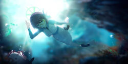 1boy 1girl absurdres bikini black_hair blue_archive blue_bikini blue_sleeves doodle_sensei_(blue_archive) goggles hair_between_eyes hayate_(1034853996) highres jacket long_hair ocean official_alternate_costume saki_(blue_archive) sensei_(blue_archive) sidelocks swim_goggles swimsuit underwater white_jacket