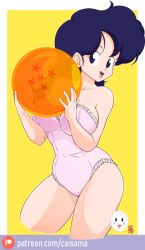 1girl blue_hair breasts caisama dragon_ball dragon_ball_(object) large_breasts long_hair lunch_(dragon_ball) lunch_(good)_(dragon_ball) smile swimsuit