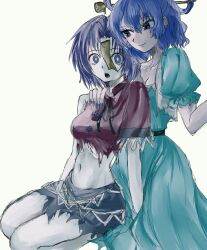 2girls black_ribbon black_skirt blue_dress blue_eyes blue_hair breasts chinese_clothes cleavage colored_skin curtained_hair dress full_body grey_skin hair_ornament hair_rings hair_stick hand_on_another&#039;s_shoulder hashtag-only_commentary highres jiangshi kaku_seiga lace-trimmed_sleeves lace_trim looking_at_another looking_at_viewer medium_breasts midriff miyako_yoshika multiple_girls navel neck_ribbon no_headwear ofuda open_clothes open_mouth open_vest parted_bangs purple_eyes purple_hair purple_shirt r_haned ribbon seiza shirt short_hair short_sleeves simple_background sitting skirt tangzhuang torn_clothes torn_shirt torn_skirt touhou vest white_background white_vest