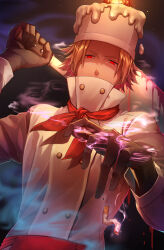 1boy blonde_hair blood bloody_weapon candle chef chef_hat cigarette cleaver covered_mouth dripping fire flat_top_chef_hat flipped_hair gloves gregory_horror_show hat hell&#039;s_chef_(gregory_horror_show) high_collar highres holding holding_cleaver looking_at_viewer male_focus neckerchief noko_(meityoko73) parted_bangs red_eyes short_hair smoke solo wax weapon
