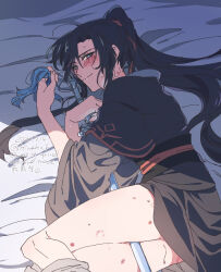 1boy ahoge bare_legs bed_sheet between_legs black_hair black_hanfu blush chinese_clothes closed_mouth dated grey_eyes hair_ribbon hanfu hickey highres holding holding_sword holding_weapon implied_yaoi kimako_(kimako_8) long_hair looking_at_viewer lying male_focus modao_zushi on_bed on_side ponytail red_ribbon ribbon robe sash shade sheath sheathed sidelocks smile solo sweat sword sword_between_thighs sword_tassel tassel trap twitter_username watermark weapon weapon_between_legs wei_wuxian wide_sleeves