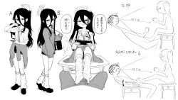 1boy 1girl absurdres arrow_(symbol) asahina_yoshitoshi bag blue_archive blush bow bowtie bulge cardigan cardigan_around_waist closed_mouth clothes_around_waist collared_shirt commentary_request desk erection erection_under_clothes footjob_over_clothes grin gyaru hair_between_eyes halo handheld_game_console highres holding holding_bag holding_handheld_game_console holding_phone kei_(blue_archive) kogal long_hair long_sleeves looking_at_viewer loose_socks multiple_views necktie no_shoes on_desk phone pov pov_crotch school_bag school_desk school_swimsuit school_uniform see-through_clothes see-through_shirt severed_arm severed_limb shirt shoes simple_background sitting skirt smile socks solo_focus speech_bubble standing swimsuit swimsuit_under_clothes translation_request white_background