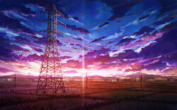 Rule 34 | blue sky, building, cloud, commentary request, evening, field, highres, landscape, lens flare, mountainous horizon, original, power lines, rice paddy, rural, scenery, sky, sun, transmission tower, utility pole, yomanika