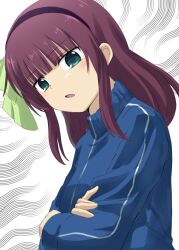 1girl alternate_costume angel_beats! black_hairband blunt_bangs blush bow commentary_request crossed_arms dutch_angle eyes_visible_through_hair frown green_bow green_eyes hair_bow hairband highres jacket lelie_(lelie_link) long_sleeves looking_at_viewer medium_hair nakamura_yuri open_mouth purple_hair sidelocks simple_background solo straight_hair track_jacket upper_body white_background
