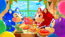 1other 2024 3girls aircraft airplane ambiguous_gender animal_crossing animal_crossing:_new_horizons apron aqua_eyeshadow arms_up ascot balloon black_eyes blue_fur blue_jacket blue_sleeves blue_tail blush_stickers brown_fur celebration cherry cherry_pie chinese_zodiac closed_eyes cloud commentary_request drinking_straw eyeshadow eyewear_on_head food freckles fruit green_apron hedgehog_girl highres holding holding_plate indoors jacket label_able_(animal_crossing) lowered_eyelids mabel_able_(animal_crossing) makeup multiple_girls nintendo no_humans official_art orange_(fruit) orange_slice pennant pie pine_tree pink_apron plaid_apron plaid_clothes plate purple_fur sable_able_(animal_crossing) second-party_source smoothie sunglasses sunlight table thick_eyebrows tree white-framed_eyewear window year_of_the_snake
