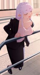 Rule 34 | 1girl, absurdres, against railing, alternate costume, babywipes, black shoes, black suit, braid, breasts, camisole, cleavage, closed eyes, collarbone, commentary, covered erect nipples, crown braid, emilia (re:zero), english commentary, formal clothes, full body, grey camisole, grey hair, highres, large breasts, long hair, long skirt, long sleeves, office lady, open mouth, outdoors, pencil skirt, railing, re:zero kara hajimeru isekai seikatsu, shoes, skirt, skirt suit, solo, suit