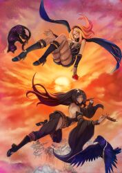 2girls apple bare_shoulders bird black_hair blonde_hair blue_eyes cat cloud crow_(gravity_daze) dark-skinned_female dark_skin dusty_(gravity_daze) floating food fruit gravity_daze hairband high_heels highres itadaku kitten_(gravity_daze) long_hair long_sleeves looking_at_viewer multicolored_hair multiple_girls red_eyes scarf skewer sky smile sun thighs two-tone_hair vambraces xii_(gravity_daze)
