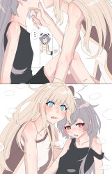 3girls absurdres blonde_hair blush breasts brown_necktie caught clothed_sex commentary_request door dress duel_monster emptyayya grey_hair highres implied_kiss indoors long_hair long_sleeves multiple_girls necktie open_door opening_door peeking red_eyes sage_of_benevolence_-_ciela simple_background sky_striker_ace_-_raye sky_striker_ace_-_roze surprised sweat twintails two-tone_dress walk-in yu-gi-oh! yuri