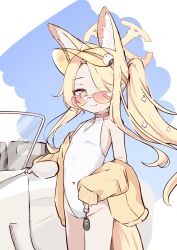 1girl absurdres animal_ear_fluff animal_ears blonde_hair blue_archive car car_keys covered_navel cowboy_shot cross_halo diamond_cutout eyes_visible_through_hair flat_chest fox_ears fox_girl fox_tail hair_over_one_eye halo highleg highleg_one-piece_swimsuit highres holding holding_key jacket key kyouwashi loli long_hair looking_at_viewer motor_vehicle off_shoulder official_alternate_costume official_alternate_hairstyle one-piece_swimsuit orange-tinted_eyewear seia_(blue_archive) seia_(swimsuit)_(blue_archive) side_ponytail sleeves_past_wrists smile solo sunglasses swimsuit tail thighs tinted_eyewear very_long_hair visor_cap white_one-piece_swimsuit yellow_halo yellow_jacket yellow_visor
