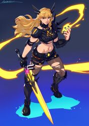 1girl armor black_gloves blonde_hair blue_eyes breasts cleavage cleavage_cutout clothing_cutout commentary crop_top gloves highres holding holding_sword holding_weapon huge_weapon kotatsu_(g-rough) long_hair looking_at_viewer magik_(x-men) marvel marvel_rivals midriff navel short_shorts shorts solo sword weapon x-men