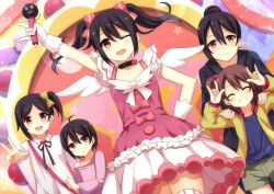 1boy 4girls black_hair breasts brown_hair dress family gloves hair_bun holding holding_microphone love_live! love_live!_school_idol_project microphone mmrailgun mother_and_daughter multiple_girls nico_nico_nii one_eye_closed pink_dress pink_ribbon red_eyes ribbon siblings sisters small_breasts smile twintails white_gloves white_wings wings yazawa_cocoa yazawa_cocoro yazawa_cotaro yazawa_nico yazawa_nico&#039;s_mother yellow_ribbon