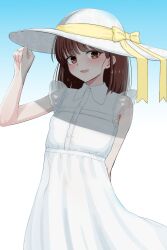1girl bare_shoulders blush bow brown_eyes buttons collared_dress cowboy_shot dress flat_chest frills gradient_background hat hat_ribbon highres looking_at_viewer medium_hair mustee open_mouth original ribbon sleeveless sleeveless_dress smile solo standing sun_hat white_dress white_hat yellow_bow