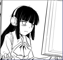 1girl bags_under_eyes computer_mouse eien_no_sai_tori female_focus greyscale headphones hikikomori houraisan_kaguya long_hair monitor monochrome neet solo touhou