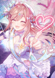 1girl :3 absurdres aqua_bow aqua_bowtie aqua_nails aqua_skirt beret blush bow bow_earrings bowtie braid braided_bun breasts brown_hair cleavage closed_eyes collar detached_sleeves dress earrings fingernails flower frilled_collar frilled_dress frilled_sleeves frills hair_bow hair_bun hair_flower hair_intakes hair_ornament hairclip hat heart highres jewelry large_breasts long_hair microphone nail_polish nian_(jillmaple) nijisanji open_mouth pink_bow pink_bowtie pink_flower pink_skirt purple_bow purple_flower short_sleeves single_side_bun skirt smile solo stage striped_clothes striped_skirt suzuhara_lulu suzuhara_lulu_(3rd_costume) teeth two-tone_bow two-tone_skirt virtual_youtuber white_bow white_collar white_dress white_hat white_sleeves