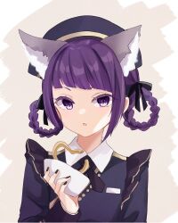 1girl animal_ear_fluff animal_ears black_bow black_hat black_jacket black_nails bow braid commentary_request diagonal_bangs food food_request hair_bow hair_rings hat highres holding holding_food idolmaster idolmaster_shiny_colors jacket kemonomimi_mode long_sleeves looking_at_viewer nail_polish parted_lips purple_eyes purple_hair rino_cnc solo tanaka_mamimi twin_braids upper_body