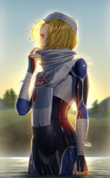 1girl backlighting blonde_hair blurry bodysuit commentary_request depth_of_field flat_chest hair_over_one_eye hat highres jimaku lake nintendo partially_submerged red_eyes sheik short_hair solo the_legend_of_zelda the_legend_of_zelda:_ocarina_of_time tree upper_body