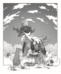 1girl akari_(pokemon) bird black_hair book border closed_mouth creatures_(company) dog full_body galaxy_expedition_team_survey_corps_uniform game_freak gen_2_pokemon gen_7_pokemon greyscale headscarf highres hisuian_growlithe hisuian_samurott holding holding_pen horns leg_warmers light_smile long_hair looking_at_another monochrome nintendo open_book outdoors owl pen pokemon pokemon_(creature) pokemon_legends:_arceus quilava rowlet sandals sidelocks single_horn sitting tan_carbonnn white_border white_leg_warmers