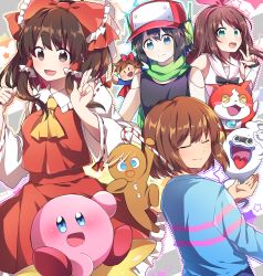 &gt;_&lt; 1boy 1other 3girls :d ascot bare_shoulders baseball_cap black_hair black_shirt blue_eyes blue_shirt blush bow breasts brown_eyes brown_hair candy candy_cane closed_eyes commentary cookie_run cowboy_shot crossover detached_sleeves doukutsu_monogatari food frilled_bow frilled_shirt_collar frills frisk_(undertale) gingerbrave gingerbread_man green_scarf hair_between_eyes hair_bow hair_tubes hairband hakurei_reimu hand_up hands_up hat headphones highres holding holding_food i_wanna_be_the_guy jibanyan kaoling kirby kirby_(series) kizuna_ai kizuna_ai_(1st_costume) kizuna_ai_inc. long_hair long_sleeves medium_breasts multiple_crossover multiple_girls nintendo open_mouth pink_hairband quote_(doukutsu_monogatari) red_bow red_skirt ribbon-trimmed_sleeves ribbon_trim sailor_collar scarf shirt short_hair sidelocks skirt skirt_set sleeveless sleeveless_shirt smile star_(symbol) symbol-only_commentary the_kid touhou undertale upper_body virtual_youtuber w warp_star whisper_(youkai_watch) white_sailor_collar white_shirt wide_sleeves yellow_ascot youkai_watch