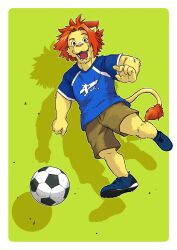 1boy absurdres animal_ears ball blue_shoes blue_shorts brown_pants commentary_request fangs furry furry_male green_background highres lion_boy lion_ears lion_tail looking_at_viewer male_focus morenatsu open_mouth orange_hair pants shadow shoes shorts smile soccer_ball soutarou_touno tail takichizento