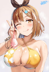 1girl 2025 artist_name atelier_(series) atelier_ryza bare_shoulders belko bikini blush bracelet breasts brown_eyes brown_hair cleavage collarbone condom cum dated hair_ornament hair_ribbon hairclip halterneck highres holding holding_condom jewelry large_breasts one_eye_closed reisalin_stout ribbon short_hair smile star_(symbol) star_hair_ornament swimsuit tongue tongue_out used_condom v wet yellow_bikini