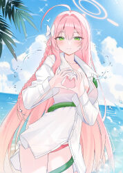 1girl absurdres ahoge beach bikini bikini_top_under_shirt bikini_under_clothes blue_archive blue_sky blush bow braid breasts cleavage closed_mouth cloud cloudy_sky commentary day four-finger_heart_hands green_eyes hair_between_eyes hair_bow hair_intakes halo hanako_(blue_archive) hanako_(swimsuit)_(blue_archive) heart heart_hands highres hose large_breasts long_hair long_sleeves looking_at_viewer ocean official_alternate_costume outdoors pink_bikini pink_hair pink_halo single_braid sky smile solo swimsuit symbol-only_commentary thighs water wet white_bow yagen_(user_mxur3238)