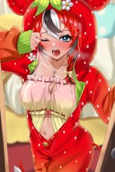 1girl black_streaks blue_eyes blush breasts cleavage flower hakos_baelz hakos_baelz_(5th_costume) highres hololive hololive_english hood hood_up hooded_pajamas jewelry large_breasts looking_at_viewer mouse_girl mouse_tail navel necklace official_alternate_costume one_eye_closed onesie open_mouth pajamas red_hair sharp_teeth sleepwear solo tail teeth virtual_youtuber white_flower white_hair yobi_(ybpac18)