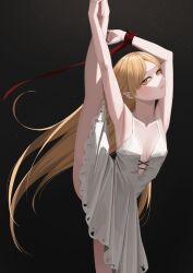 Rule 34 | 1girl, absurdres, armpits, arms up, bare shoulders, blonde hair, collarbone, commentary, dress, highres, kiss-shot acerola-orion heart-under-blade, kizumonogatari, leg up, long hair, looking at viewer, monogatari (series), nemo ringo, oshino shinobu, pointy ears, red ribbon, ribbon, simple background, solo, symbol-only commentary, vampire, very long hair, white dress, wrist ribbon, yellow eyes