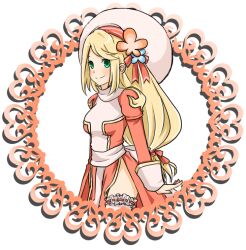 Rule 34 | 1girl, blonde hair, blue flower, blush, breasts, closed mouth, commentary request, cowboy shot, dress, flower, frilled thighhighs, frills, green eyes, grey dress, grey sash, high priest (ragnarok online), juliet sleeves, long hair, long sleeves, looking at viewer, low-tied long hair, medium breasts, meiko (nattu303), orange flower, pink dress, puffy sleeves, ragnarok online, ribbon-trimmed thighhighs, ribbon trim, simple background, smile, solo, swept bangs, tam (ragnarok online), thighhighs, two-tone dress, very long hair, white background, white thighhighs