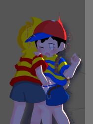 2boys black_hair blonde_hair blush child elementary_schoolboy fingering hat legs lucas_(mother_3) masturbation mother_(series) mother_2 mother_3 mrsksigure multiple_boys ness_(mother_2) nintendo penis_grab saliva shirt shorts shota super_smash_bros. sweat sweatdrop tears underwear yaoi