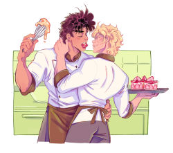 2boys apron batter battle_tendency black_hair blonde_hair caesar_anthonio_zeppeli cake chef cooking delichuu facial_mark food fruit jojo_no_kimyou_na_bouken joseph_joestar joseph_joestar_(young) male_focus mouth_hold multiple_boys muscular muscular_male strawberry whisk yaoi
