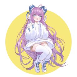 1girl animal_ears azur_lane blue_eyes blush boots coat deatheach dress fake_animal_ears female_focus full_body fur-trimmed_boots fur_trim hair_ornament hair_ribbon hair_spread_out highres long_hair long_sleeves looking_at_viewer open_mouth ponytail purple_hair ribbon sitting solo sweater tashkent_(azur_lane) thighhighs two-tone_background very_long_hair white_background white_coat white_thighhighs winter_clothes yellow_background