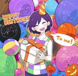 1boy :d ^_^ aubrey_(headspace)_(omori) aubrey_(omori) balloon bare_arms bare_shoulders basil_(faraway)_(omori) basil_(omori) checkered_clothes child closed_eyes coconut collarbone colored_skin commentary cowboy_shot doroidsan double-parted_bangs english_commentary english_text gift globe hair_behind_ear hair_between_eyes happy_birthday hat hector_(omori) hero_(omori) highres holding holding_gift indoors kel_(headspace)_(omori) kel_(omori) male_focus mari_(omori) omori omori_(omori) open_mouth orange_hat outline party_hat pumpkin purple_hair rock round_teeth short_hair smile solo speech_bubble standing striped_clothes striped_headwear tank_top teeth tomato two-tone_headwear upper_teeth_only white_outline white_skin yellow_hat