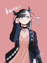1girl absurdres aono_leo1 asymmetrical_bangs backpack bag black_choker black_jacket blue_background blush character_name choker closed_mouth collarbone dress earrings facing_viewer green_eyes hair_ribbon hand_up highres jacket jewelry marnie_(pokemon) nintendo pink_background pink_dress pokemon pokemon_swsh ribbon romaji_text sideways_glance signature simple_background single_earring solo twintails undercut
