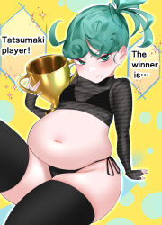 Rule 34 | 1girl, bikini, black bikini, black shirt, black thighhighs, blush, breasts, closed mouth, curly hair, earrings, fat, green eyes, green hair, holding, holding trophy, hoop earrings, jewelry, looking at viewer, matching hair/eyes, navel, one-punch man, see-through clothes, see-through shirt, shirt, short hair, short sidetail, sitting, small breasts, smile, solo, stomach, swimsuit, tatsumaki, terano haruma, text focus, thighhighs, translated, trophy, weight gain