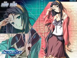 1girl baldr_sky black_hair breasts camisole cleavage female_focus green_eyes hairband head_tilt highres kikuchi_seiji large_breasts long_hair nishino_aki skirt smile solo very_long_hair zoom_layer