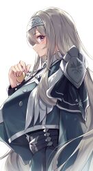 Rule 34 | 1girl, absurdres, black eyes, breasts, duel monster, from side, green jacket, grey background, grey hair, highres, jacket, jewelry, kanzakietc, large breasts, long hair, looking at viewer, pendant, profile, simple background, solo, upper body, very long hair, yu-gi-oh!