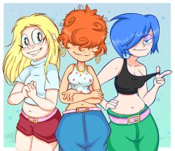 3girls belt black_tank_top blonde_hair blue_eyes blue_hair cartoon_network covered_eyes denim ed_edd_n_eddy froggywithfries highres jeans lee_kanker marie_kanker may_kanker multiple_girls orange_hair pants polka_dot polka_dot_shirt shirt simple_background tank_top toon_(style)